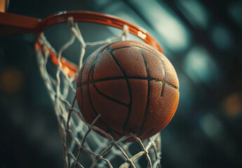 Fototapeta premium Close-up of a basketball swishing through a net in an indoor court
