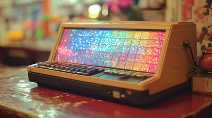 Retro computer with a vibrant colorful screen display