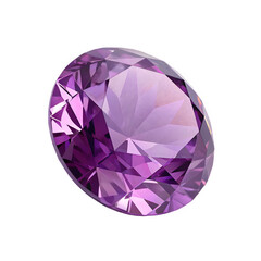 A side view of a round-cut amethyst gem, isolated, showcasing its smooth surface and vibrant purple hue.