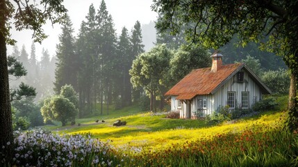 Rustic cottage nestled in a meadow of wildflowers, bathed in morning sunlight.