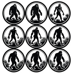 Epic Bigfoot Silhouette Vector Collection Featuring Forest, Mountain, and Mythical Cryptid Scenes in Minimalist Black Style