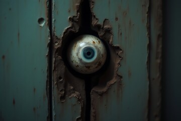 A single human eye peeks through a jagged hole in a weathered, teal painted door, suggesting a sense of mystery, observation, or even unsettling suspense.