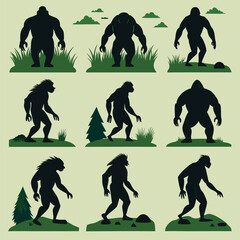 Epic Bigfoot Silhouette Vector Collection Featuring Forest, Mountain, and Mythical Cryptid Scenes in Minimalist Black Style