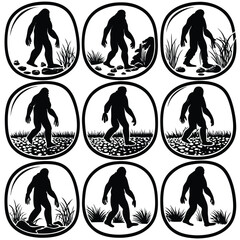 Epic Bigfoot Silhouette Vector Collection Featuring Forest, Mountain, and Mythical Cryptid Scenes in Minimalist Black Style
