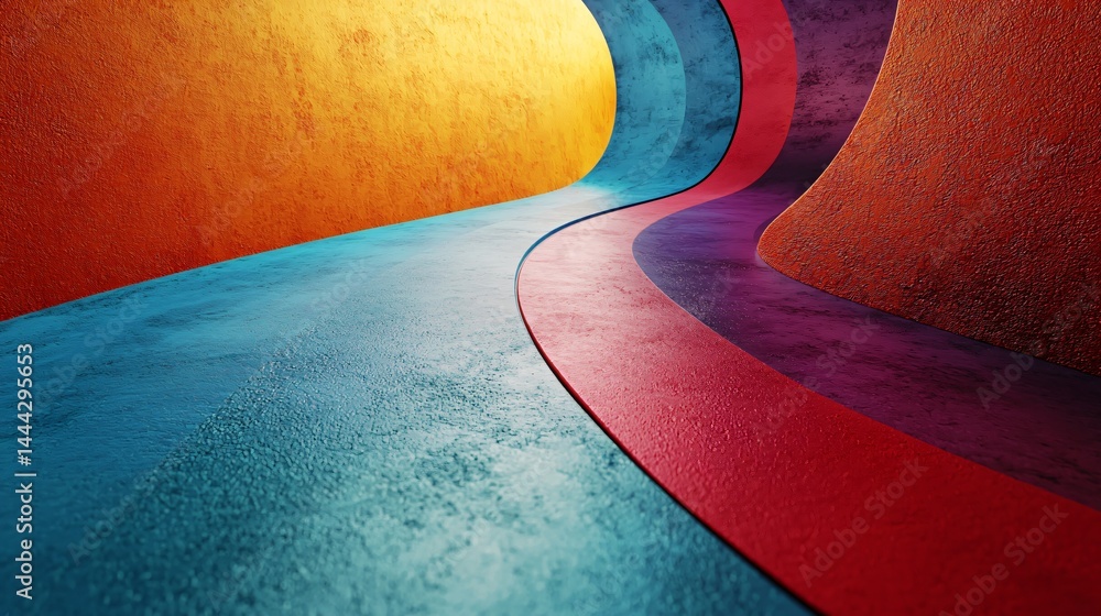 Poster curved road winding through a colorful setting with abstract art capturing asymmetrical balance and 
