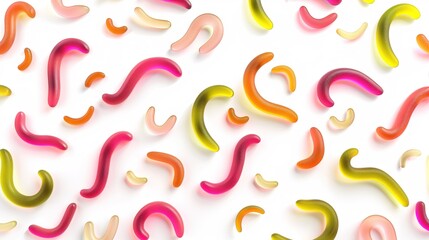 Obraz premium Colorful gummy worm candies standing out on a pure white background, a perfect visual for candy and snack concepts. The gummy worm candies, with their soft and wiggly shapes, are very eye - catching 
