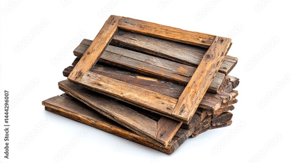 Aufkleber a stack of wooden window frames with distressed edges and rough texture on white background.