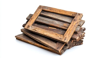 A stack of wooden window frames with distressed edges and rough texture on white background.