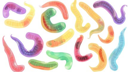 Colorful gummy worm candies standing out on a pure white background, a perfect visual for candy and snack concepts. The gummy worm candies, with their soft and wiggly shapes, are very eye - catching 