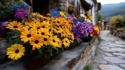 Vibrant flower display along a stone walkway. Colorful flowers in pots adorn a rustic stone wall