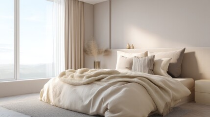 minimalistic bedroom designed for ultimate relaxation featuring soft linens on cozy bed with natural light streaming
