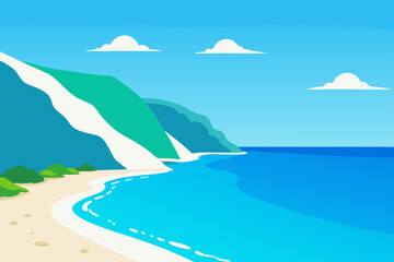 Serene Coastal Landscape Beach, Ocean, and Mountain Vista Illustration