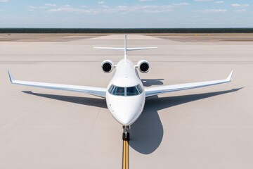 Pristine white jet on tarmac.  Luxury private aircraft poised for takeoff.  Spacious cabin, top-tier comfort.  Modern design