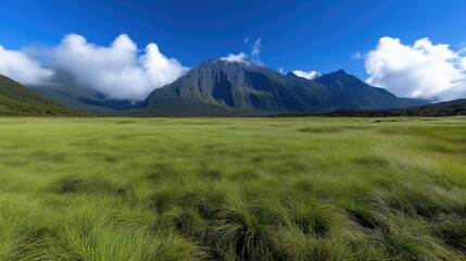 Fototapeta premium Vast grassy plain stretches beneath dramatic mountain range. Fluffy clouds drift across a vibrant blue sky