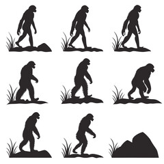 Epic Bigfoot Silhouette Vector Collection Featuring Forest, Mountain, and Mythical Cryptid Scenes in Minimalist Black Style