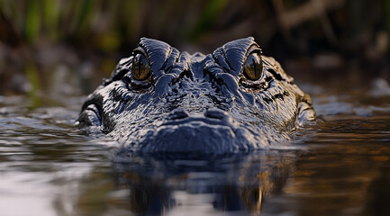 Obraz premium Alligator's intense gaze piercing through the surface of serene water