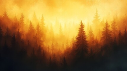 Naklejka premium Golden, misty forest landscape painting.