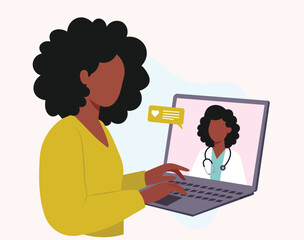 : Woman Video Calling Doctor on Laptop Online Medical Consultation in Flat Minimal Style