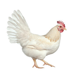 Close-up of a White Chicken with Red Comb and Wattle Standing on White Background 