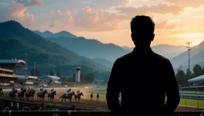Fototapeta premium Spectator at Horse Race Track Watching Sunset over Mountains