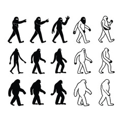 Epic Bigfoot Silhouette Vector Collection Featuring Forest, Mountain, and Mythical Cryptid Scenes in Minimalist Black Style