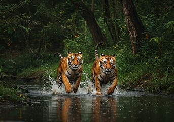Two Majestic Tigers Running Through