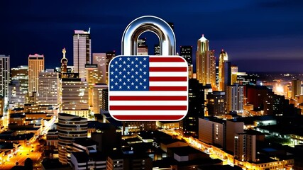 Digital Padlock with American Flag Over City Skyline