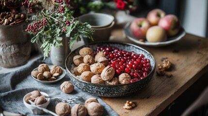 Fototapeta premium fruits and nuts in rustic Scandinavian dishes, natural textures, soft light, hygge style 