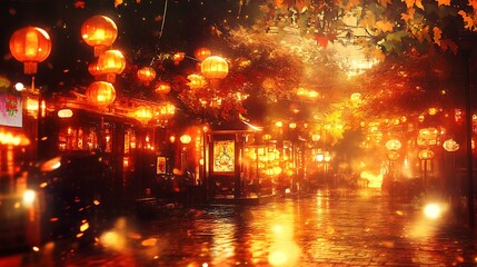 Rainy night street lanterns