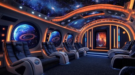 Luxurious, futuristic home theater with galaxy-themed ceiling and comfortable seating.