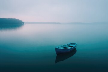 Naklejka premium lone boat floats peacefully under overcast skies at ha long bay epitomizing vietnam natural serenity