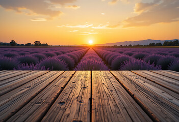 Rows Of Lavender Stretch To The Horizon At Sunset, Viewed From A Wooden Deck, Serene Landscape, Floral Fragrance