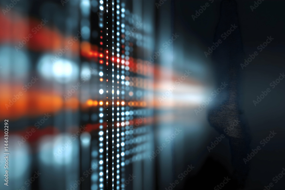 Poster abstract image of illuminated data streams and digital lights, suggesting technology and information