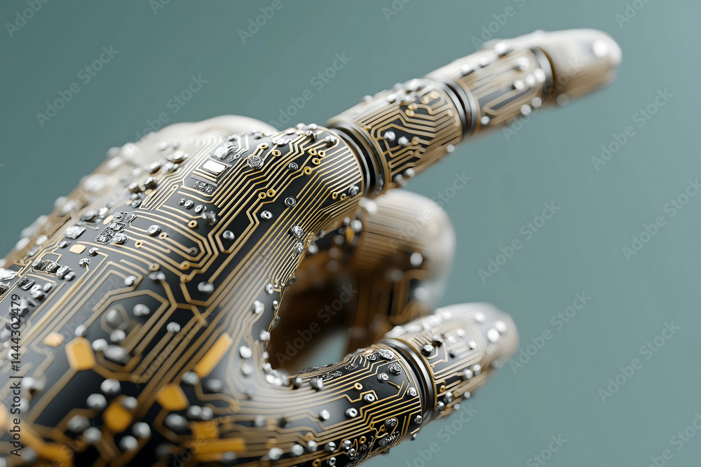 Aufkleber a robotic hand with intricate circuitry details is pointing forward against a blurred background.