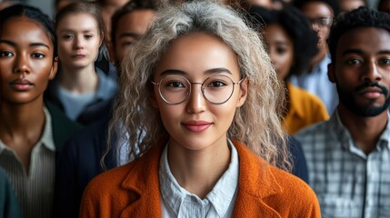 Diverse Group of Young Adults, Focus on Woman with Glasses