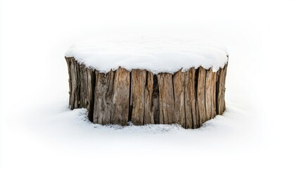 Aging wooden stump with a thick layer of snow on top, on white background