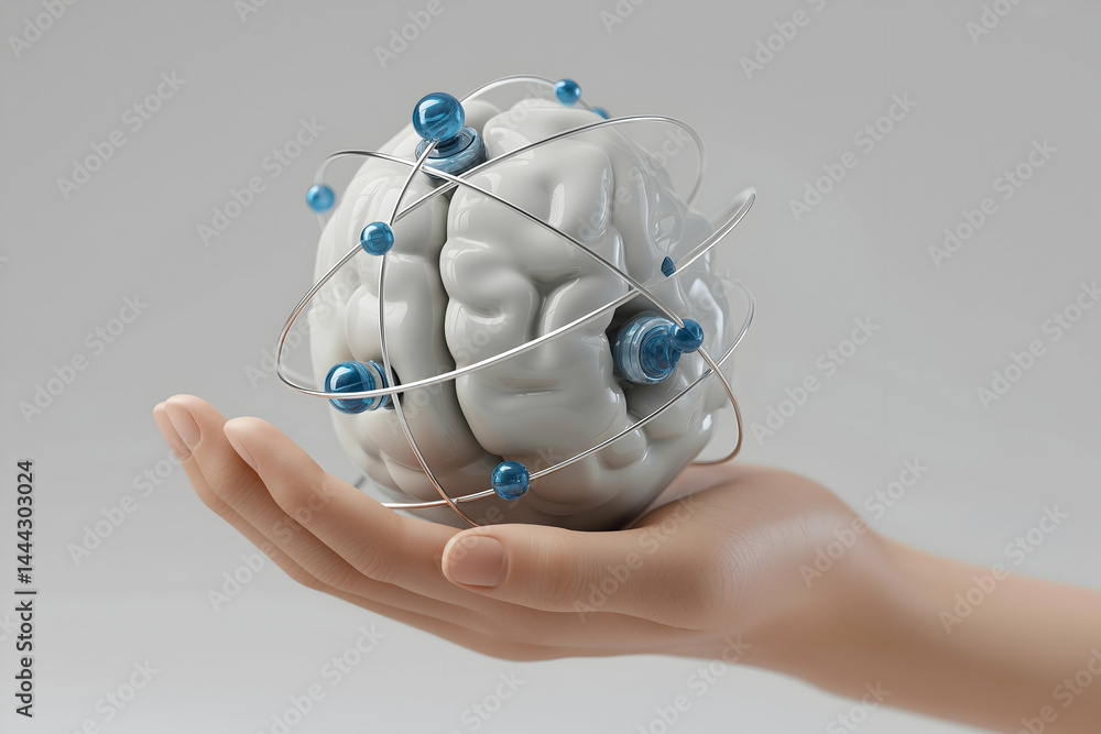 Poster a hand holds a model of a brain with orbiting blue spheres and wires, symbolizing artificial intelli