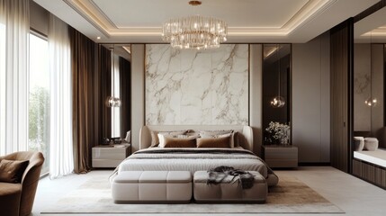 Fototapeta premium Elegant modern bedroom with marble accent wall design