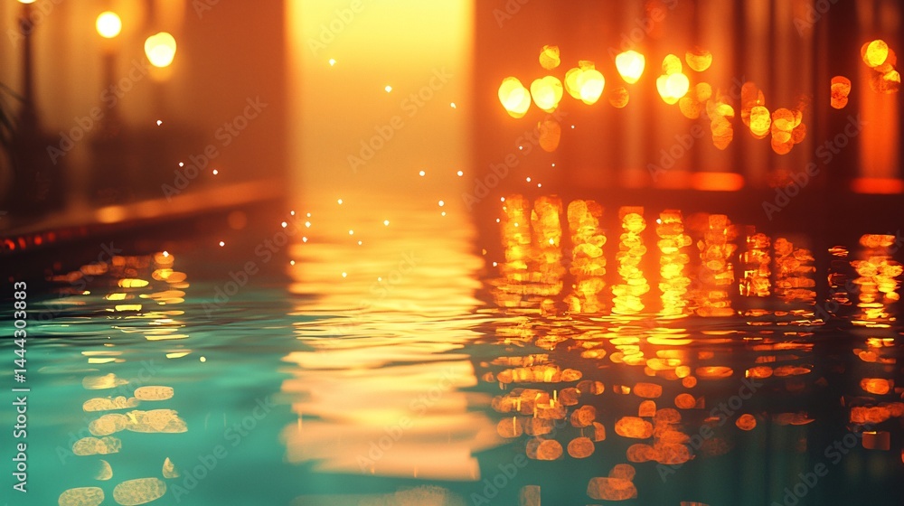 Poster serene illustration of a pool with lights reflecting in the water creating a calm and dreamy ambianc