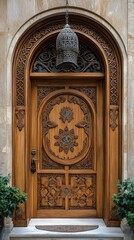 Obraz premium Intricate Carved Wooden Doorway with Hanging Lantern
