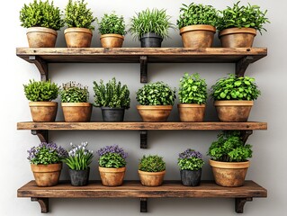 Rustic wooden shelves display a variety of potted herbs