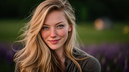 Smiling fair haired woman in soft green-purple bokeh field