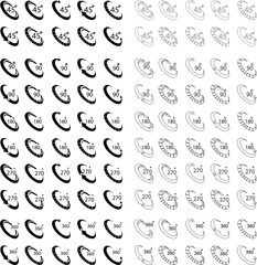Angle 45 to 360 degrees icon set Rotation Degree icons Flat vector, geometric mathematical angle radian of rotation arrow symbol, isolated on transparent background used for mobile app, web page or ui