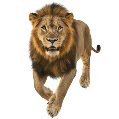 Obraz premium Majestic lion walking towards the camera with a strong focused gaze, detailed mane, muscular body, natural wildlife setting, clean white background for high contrast