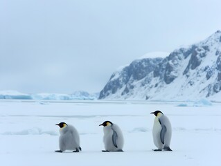 Three penguins walking on the ice in front of a snow covered mountain