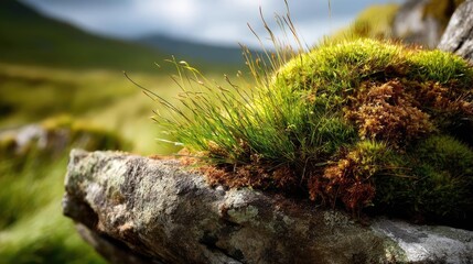 Green moss on beautiful landscape with natural colours concept. Close-up view of lush green moss on rocks.