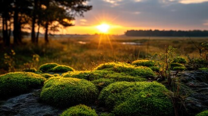 Green moss on beautiful landscape with natural colours concept. Sunset over lush green mossy landscape.