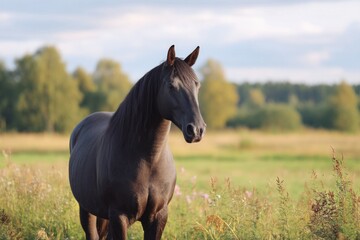 majestic horse stands in vast open field dotted with wildflowers as soft sunlight casts its gentle glow