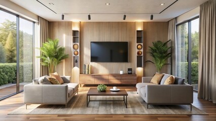 Fototapeta premium Modern cozy living room with elegant design and natural light