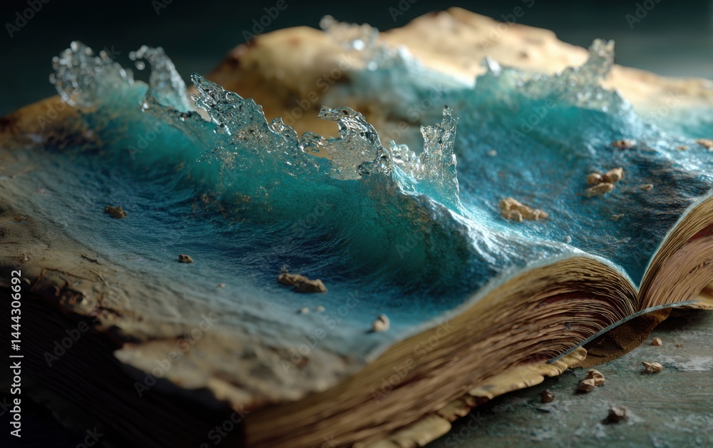 Poster ancient leather book with realistic 3d ocean waves emerging from its pages, fantasy knowledge concep